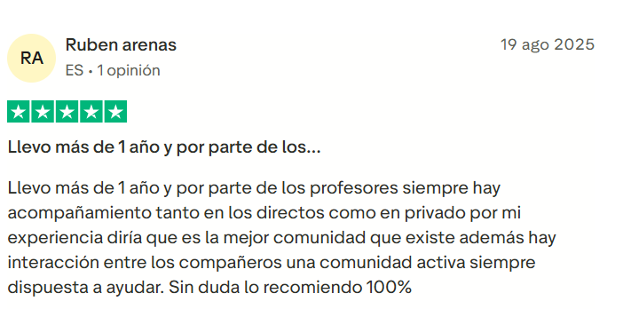 Reseña verificada de Rubén Arenas en Trustpilot sobre Élite del Trading - 5 estrellas - Agosto 2025