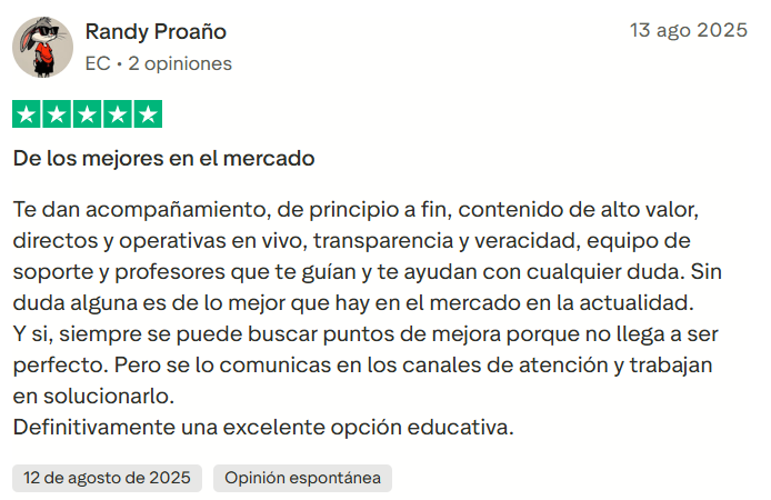 Reseña verificada de Randy Proaño en Trustpilot sobre Élite del Trading - 5 estrellas - Agosto 2025
