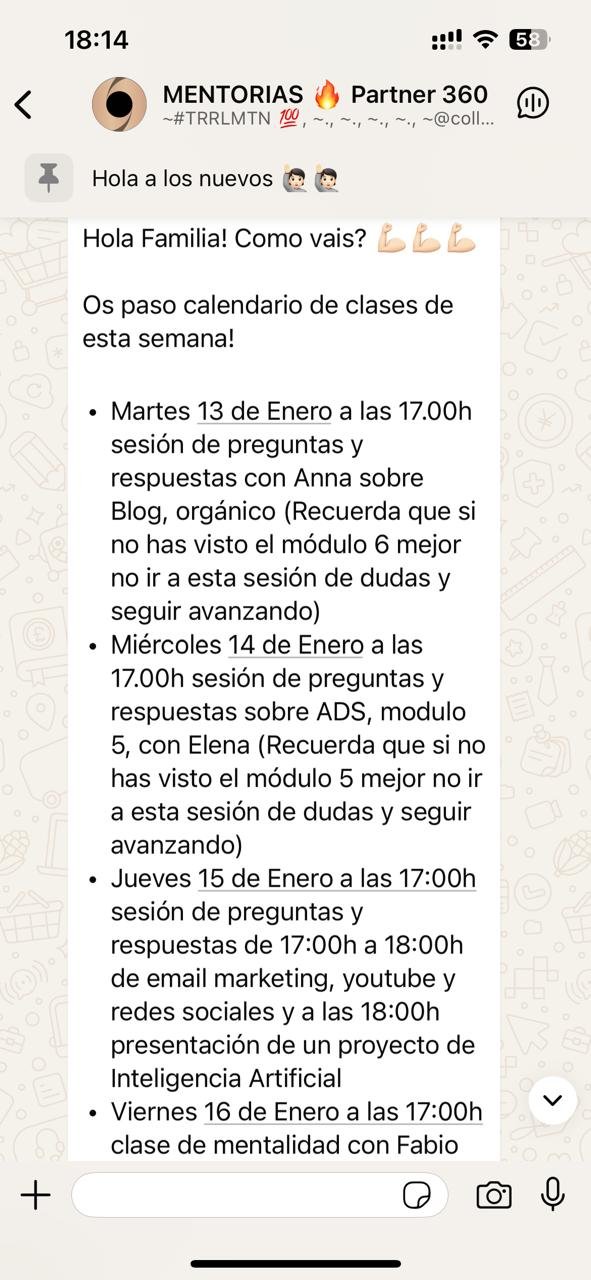 Calendario semanal de sesiones Partner 360