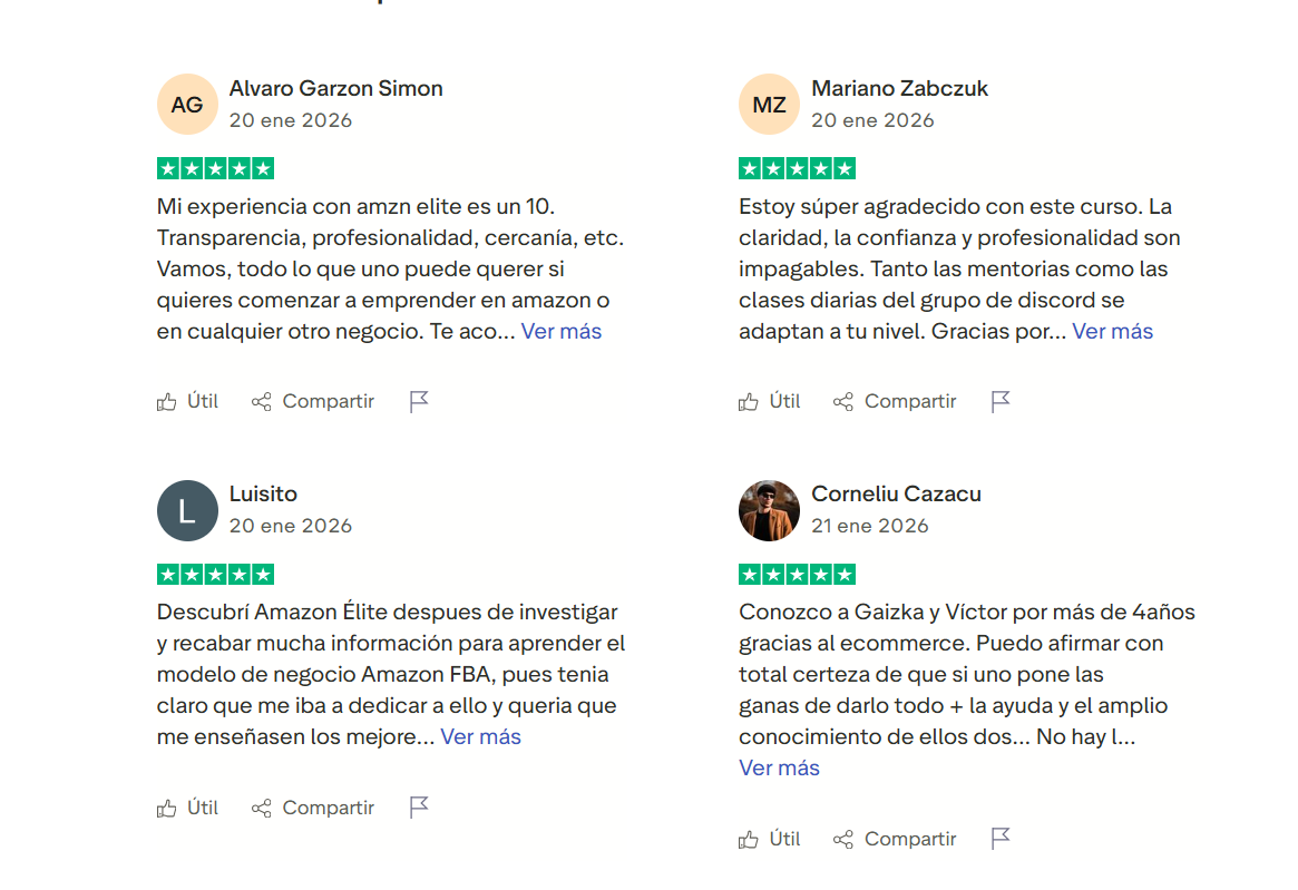 Reseñas de alumnos reales de AMZN Elite en Trustpilot con puntuación cinco estrellas