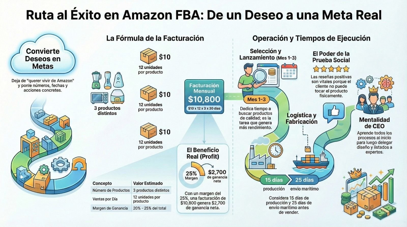 Infografía ruta al éxito en Amazon FBA con fórmula de facturación y tiempos de ejecución AMZN Elite