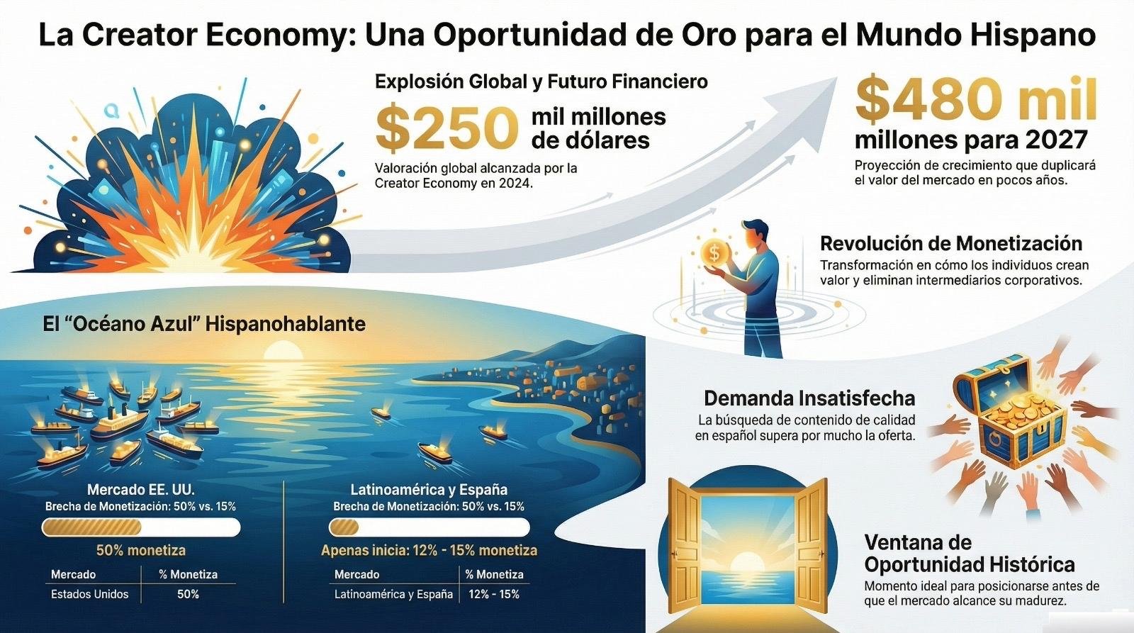La Creator Economy alcanzó los 250 mil millones de dólares en 2024 con proyección a 480 mil millones para 2027 — oportunidad para el mercado hispanohablante