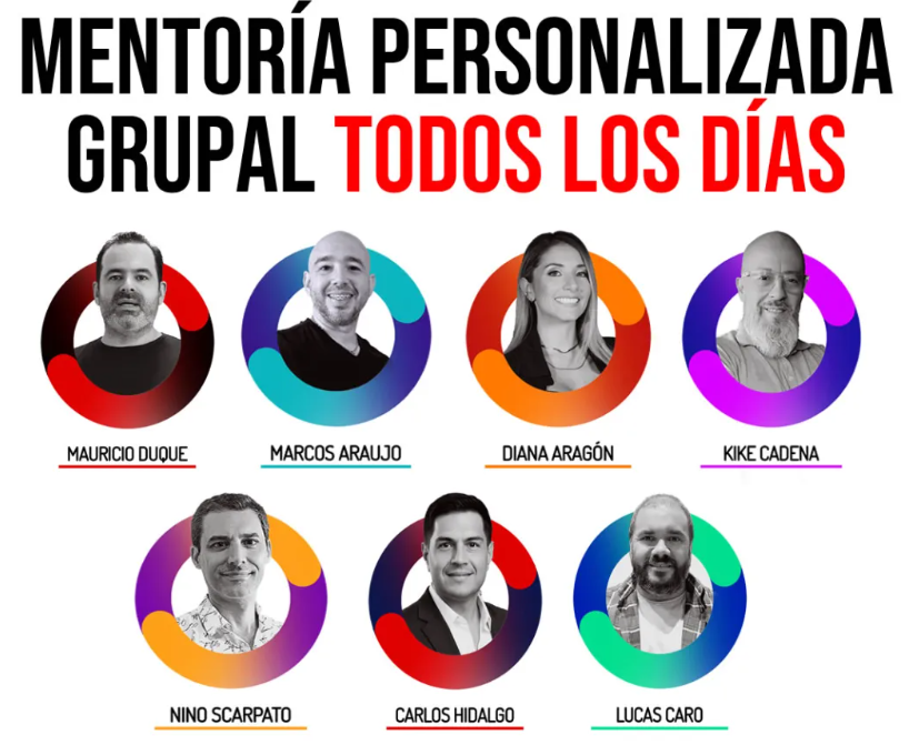 Los 7 mentores de Universidad Online: Mauricio Duque, Marcos Araujo, Diana Aragón, Kike Cadena, Nino Scarpato, Carlos Hidalgo y Lucas Caro — mentoría personalizada grupal todos los días