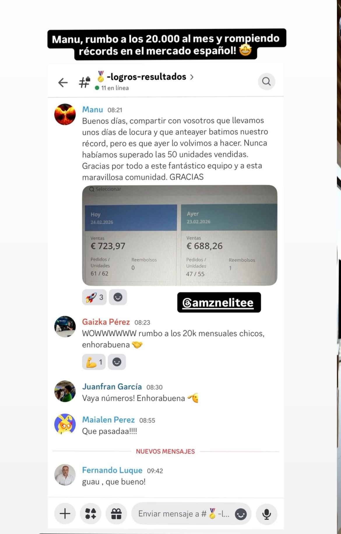 Alumno Manu comparte en Discord de AMZN Elite ventas de 723 euros rumbo a 20.000 euros mensuales