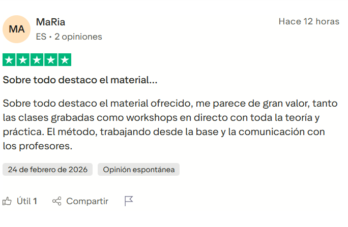Reseña de MaRia en Trustpilot: destaca el material, los workshops en directo y la comunicación con profesores de Revolutia IA, febrero 2026