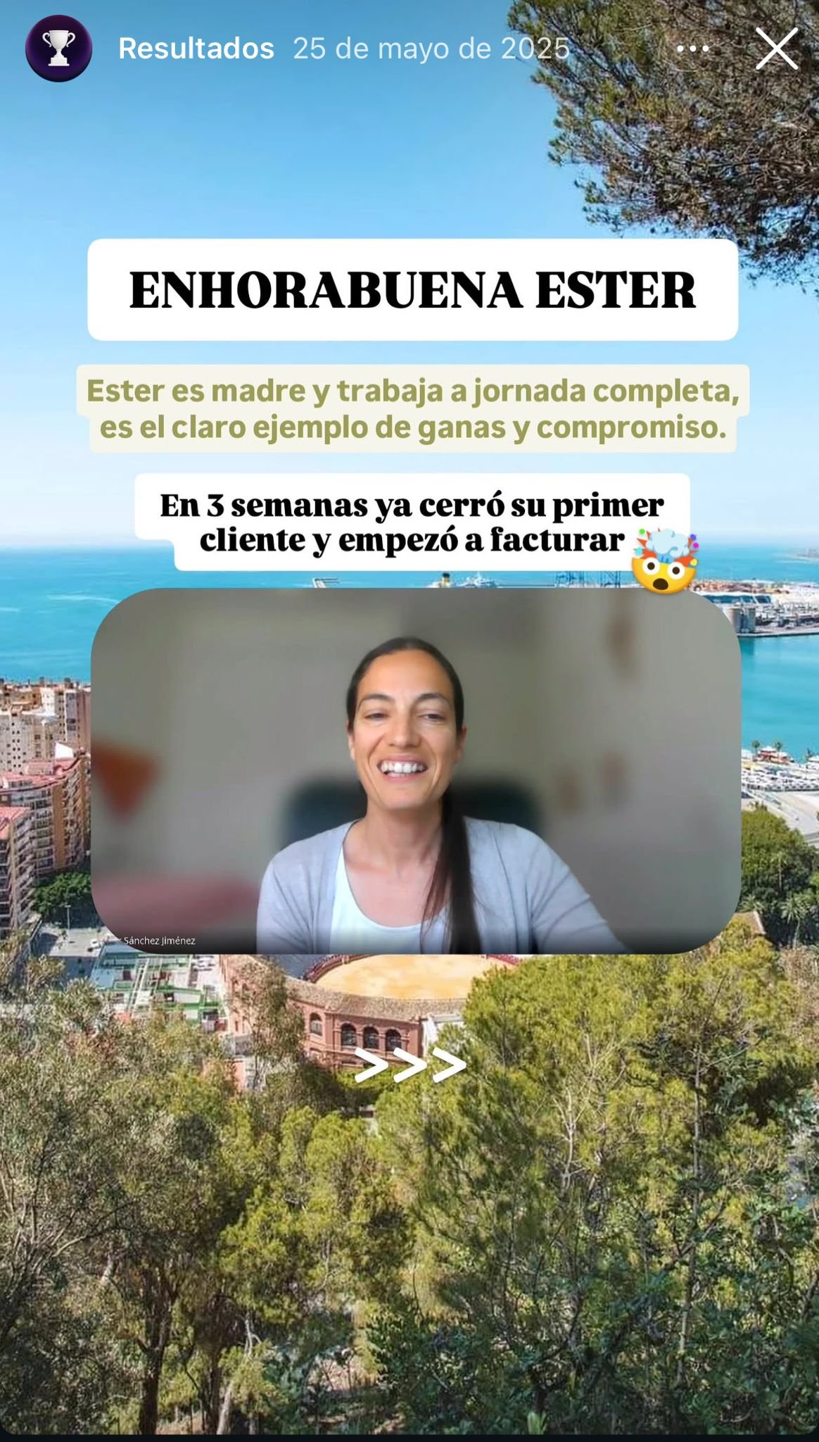 Story de resultados de Ester en Revolutia IA: madre con jornada completa consigue su primer cliente en 3 semanas, mayo 2025