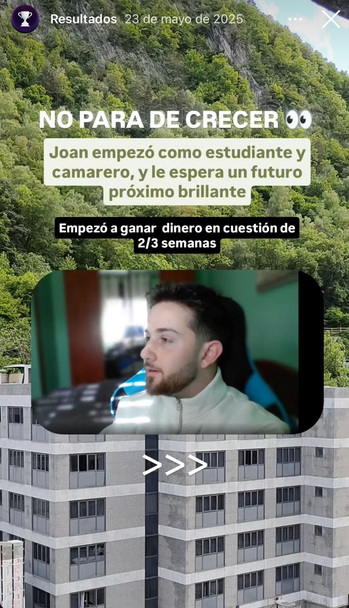 Story de resultados de Joan en Revolutia IA: estudiante y camarero consigue su primer ingreso entre el primer y segundo mes, mayo 2025