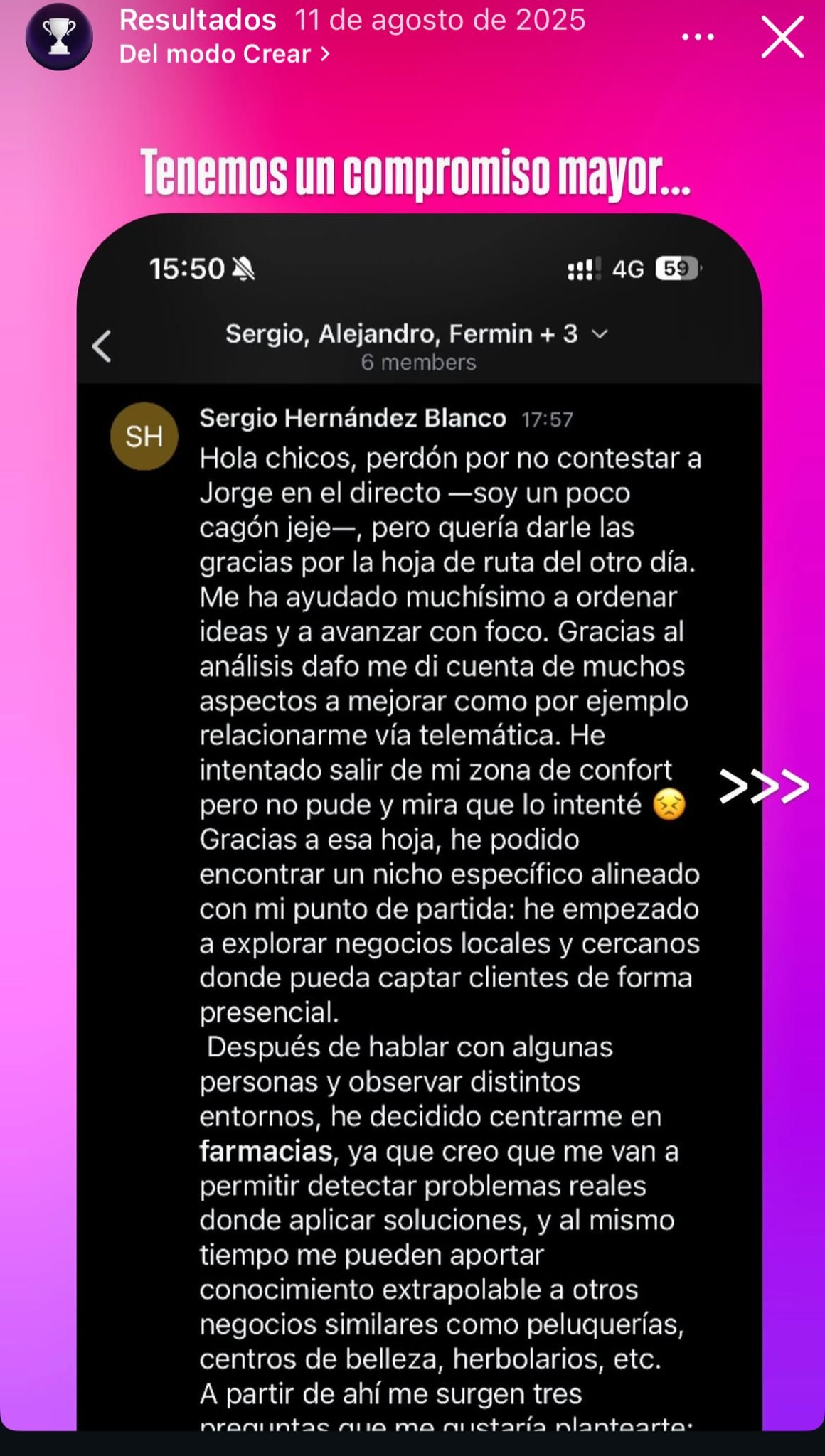 Mensaje de Sergio Hernández Blanco en la comunidad interna de Revolutia IA sobre su proceso con el nicho de farmacias, agosto 2025